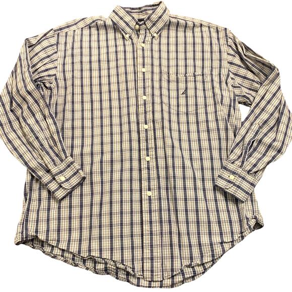 Nautica Mens navy blue plaid cotton button down shirt XL - Picture 1 of 3